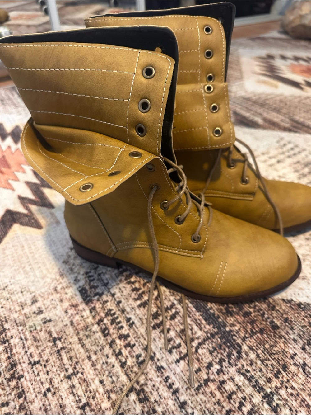 SHEIN Fold-Over Lace-Up Ankle Combat Boots in Mustard Yellow